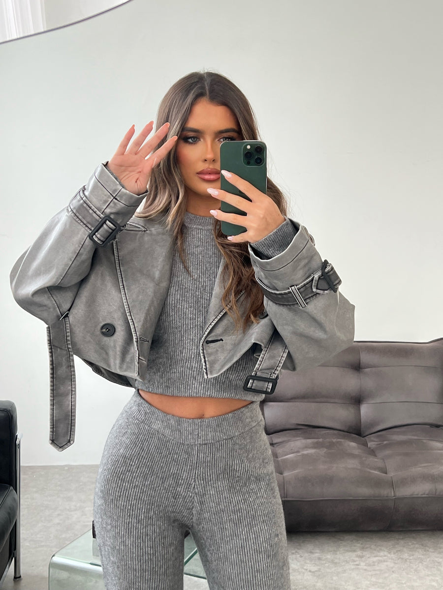 Leather Effect Cropped Jacket - Grey