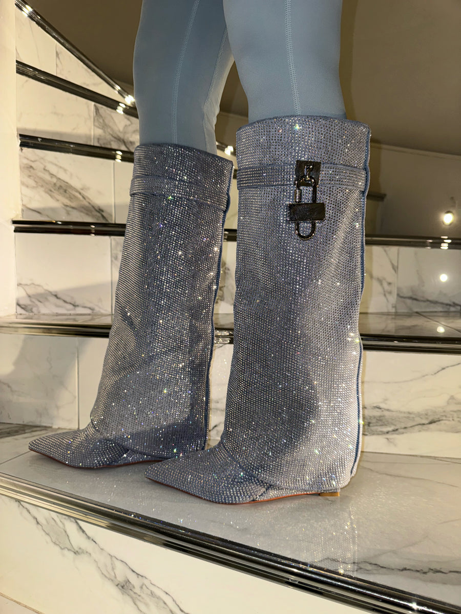 Sorelle Luxe Diamante Heeled Boots - Blue