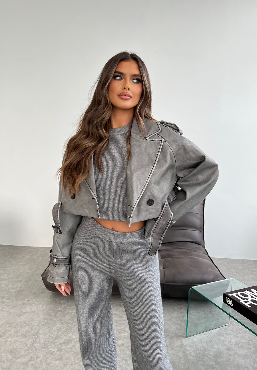 Leather Effect Cropped Jacket - Grey