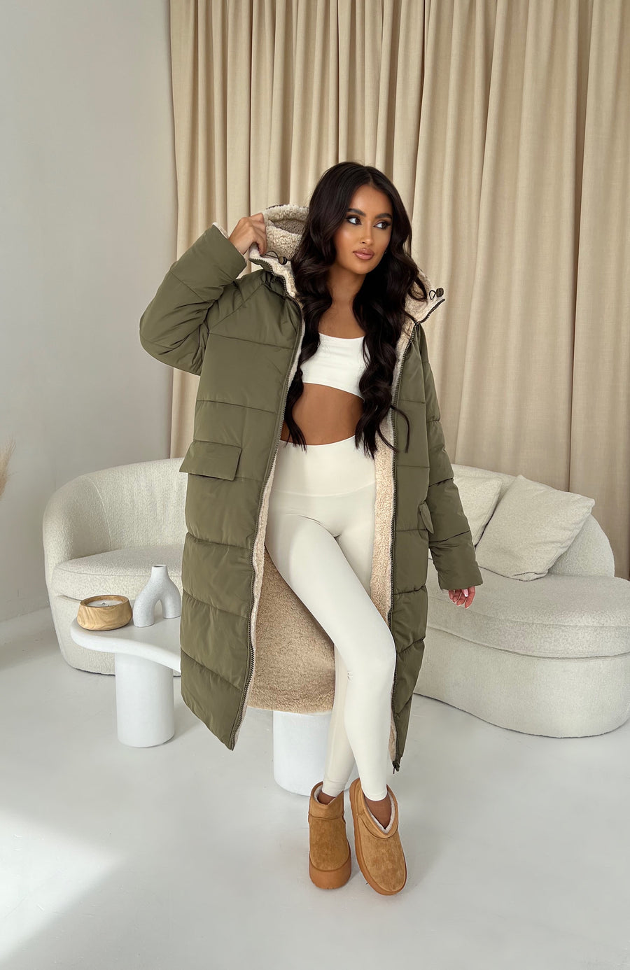 Long Reversible Puffa Coat - Khaki