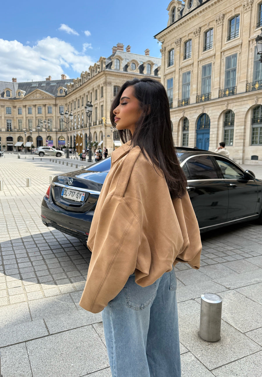 Suede Effect Bomber Jacket - Latte