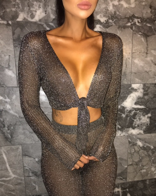 Ariella Metallic Tie Top - Gun Metal (SALE)