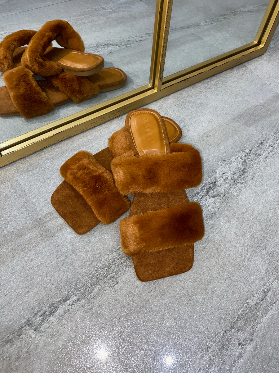 Issy Fluffy Double Strap Slippers - Tan(SALE)
