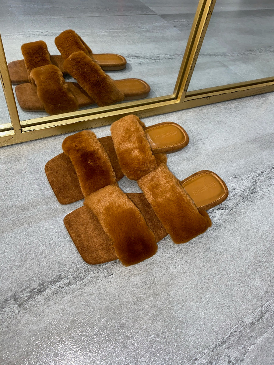 Issy Fluffy Double Strap Slippers - Tan(SALE)