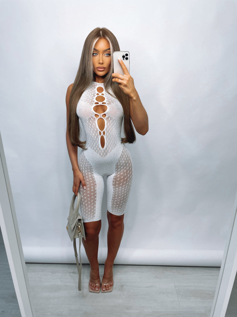 Kallie Diamanté Playsuit - White