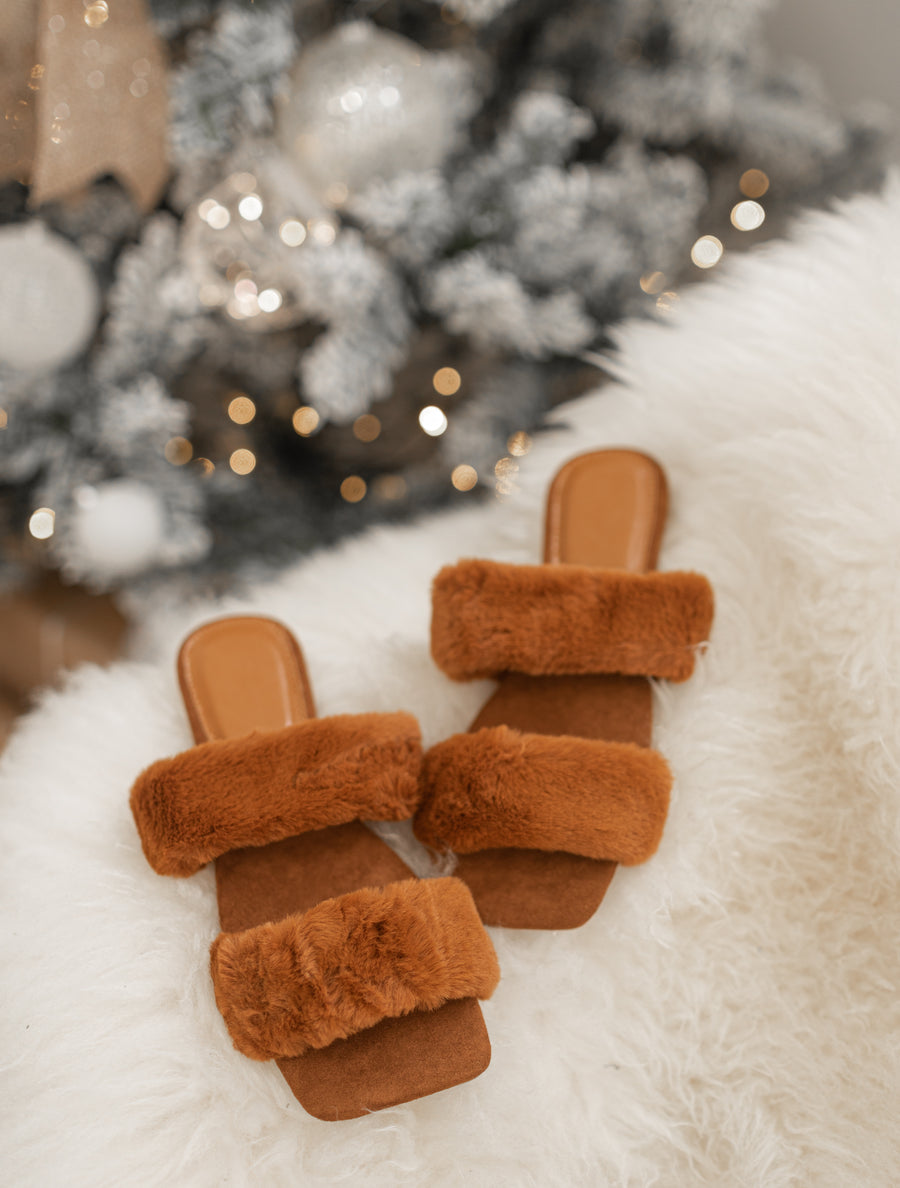 Issy Fluffy Double Strap Slippers - Tan(SALE)