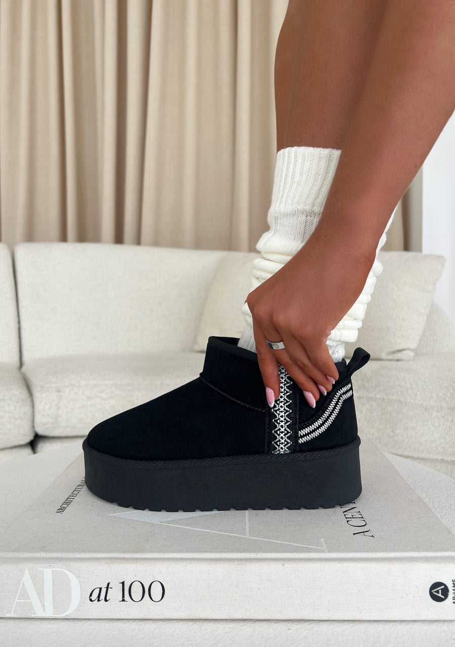 Embroidered Ultra Mini Platform Ankle Boots - Black