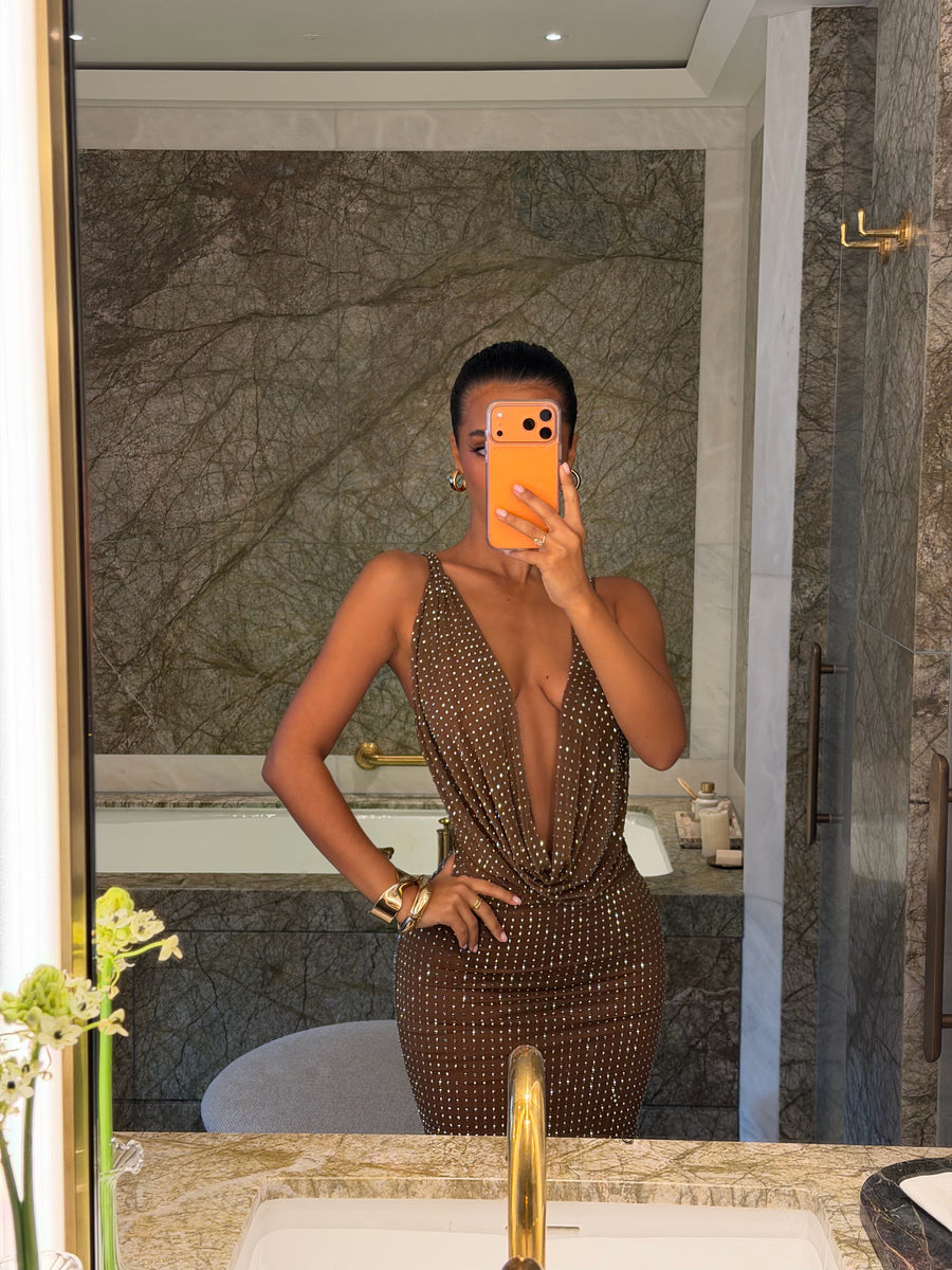 Monaco Diamanté Dress - Walnut
