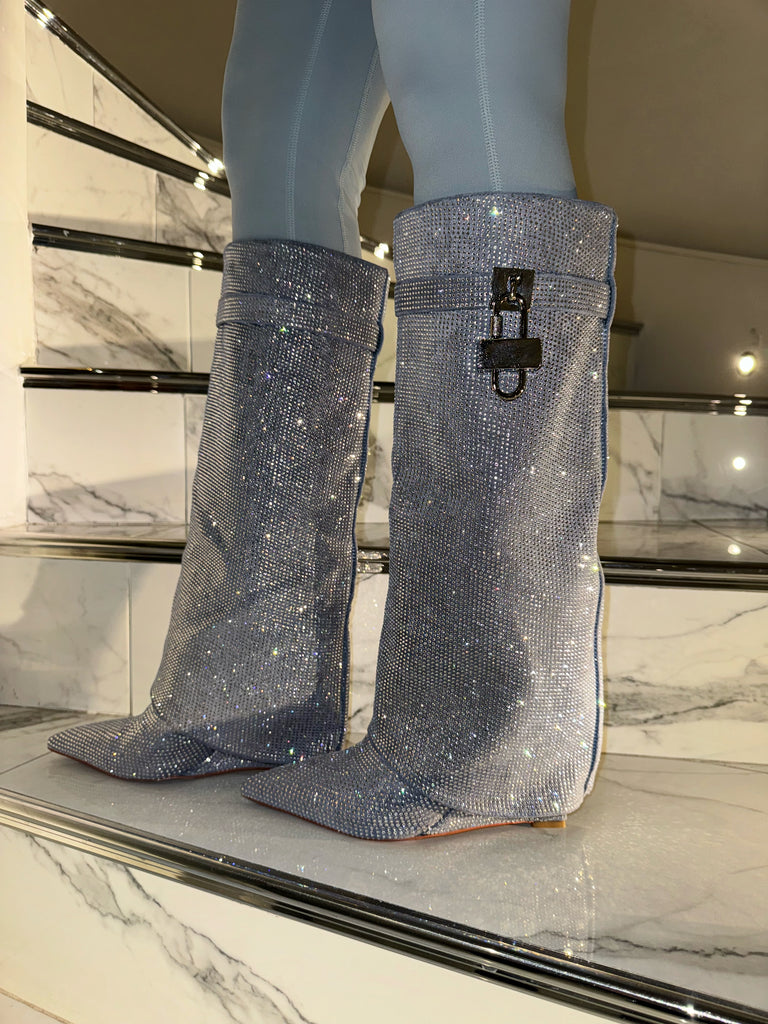 Sorelle Luxe Diamante Heeled Boots - Blue – Sorelleuk