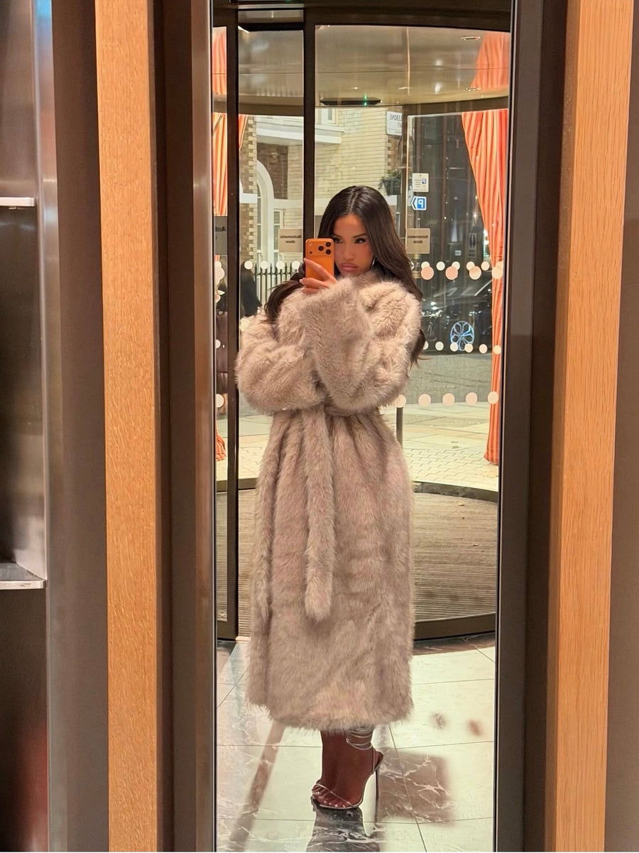 Long Faux Fur Coat - Stone