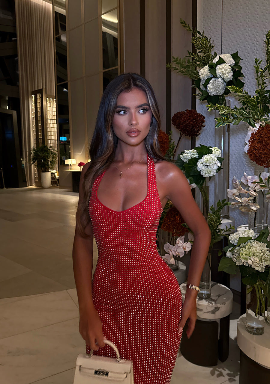 diamante red dress Carley Diamante Satin Split Gown in Red - Elegant Gown