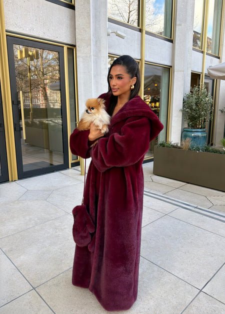 Long Plush Faux Fur Coat & Gloves - Deep Rich