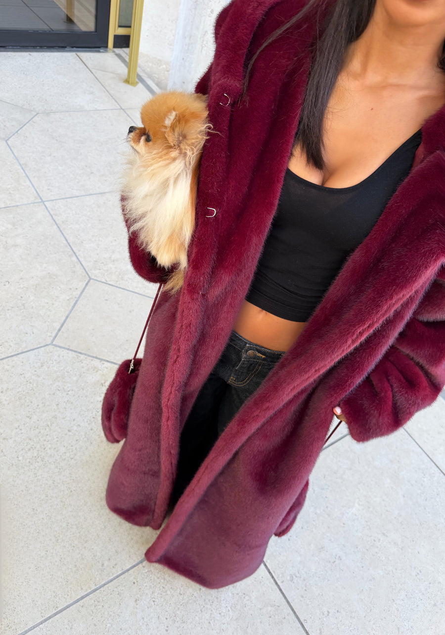 Long Plush Faux Fur Coat & Gloves - Deep Rich