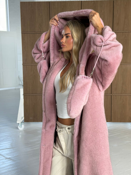 Long Plush Faux Fur Coat & Gloves - Pink