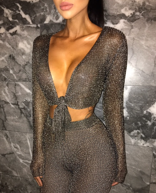 Ariella Metallic Tie Top - Gun Metal