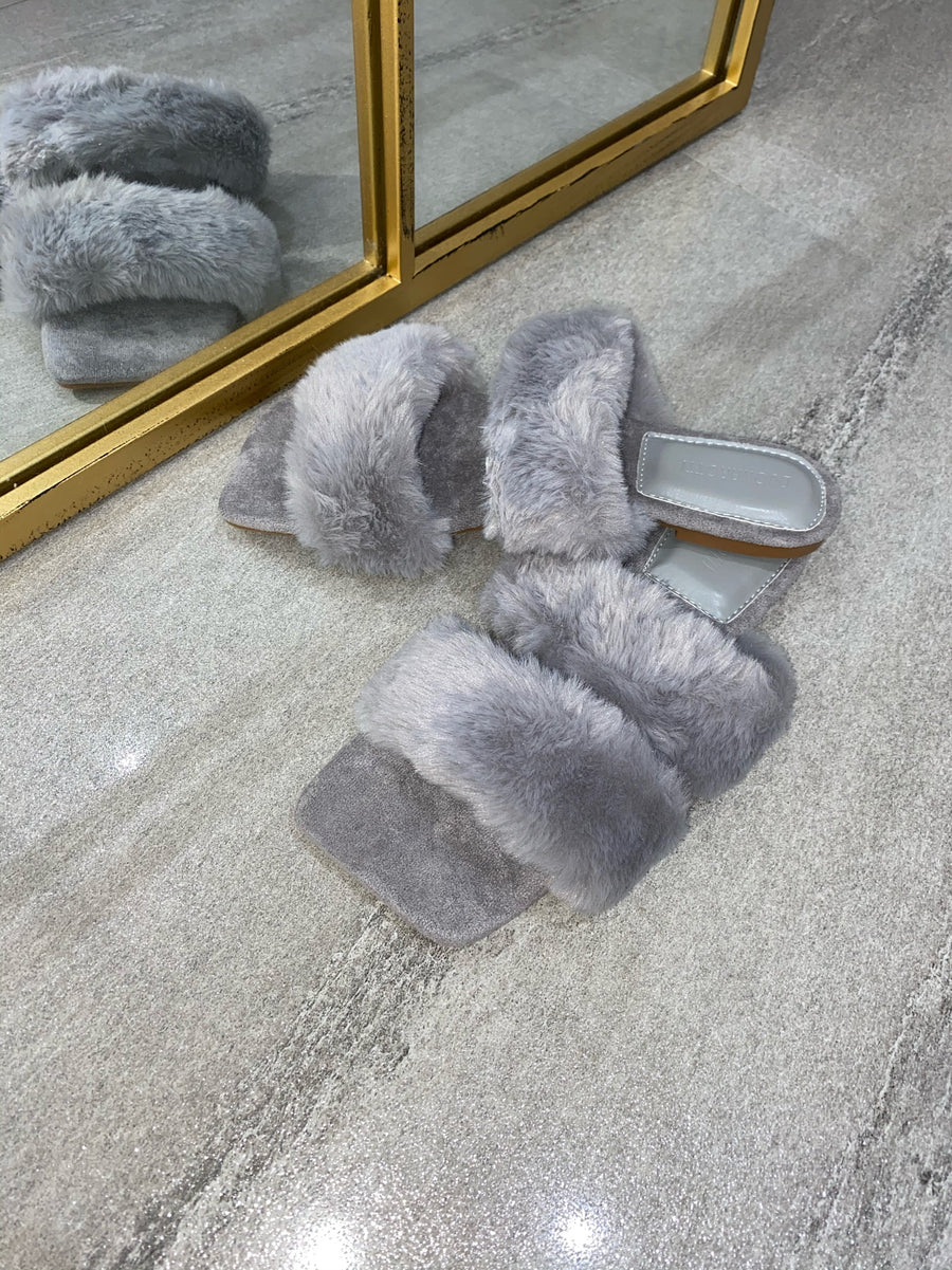 Issy Fluffy Double Strap Slippers - Grey(SALE)