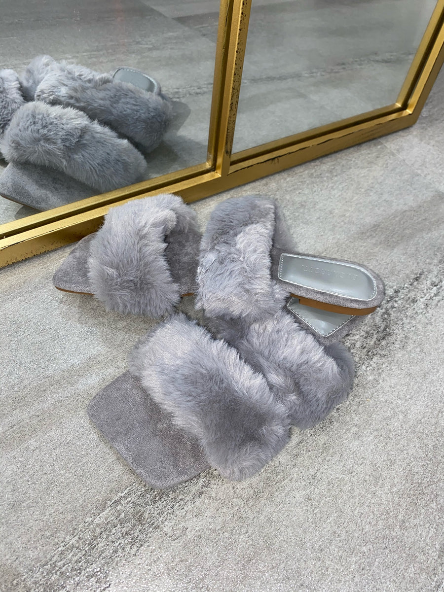 Issy Fluffy Double Strap Slippers - Grey(SALE)