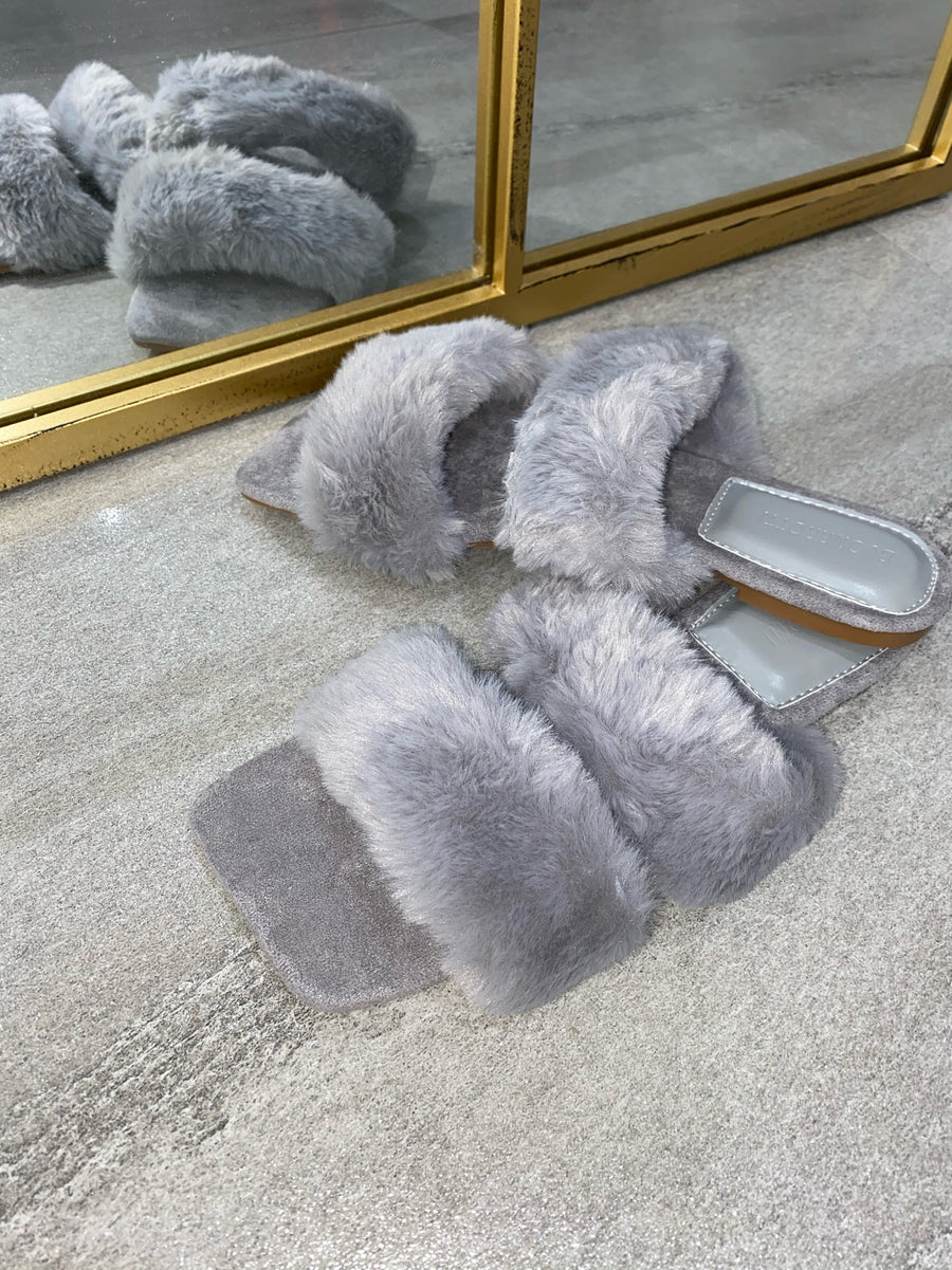 Issy Fluffy Double Strap Slippers - Grey(SALE)
