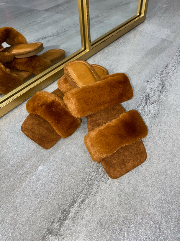 Issy Fluffy Double Strap Slippers - Tan(SALE)