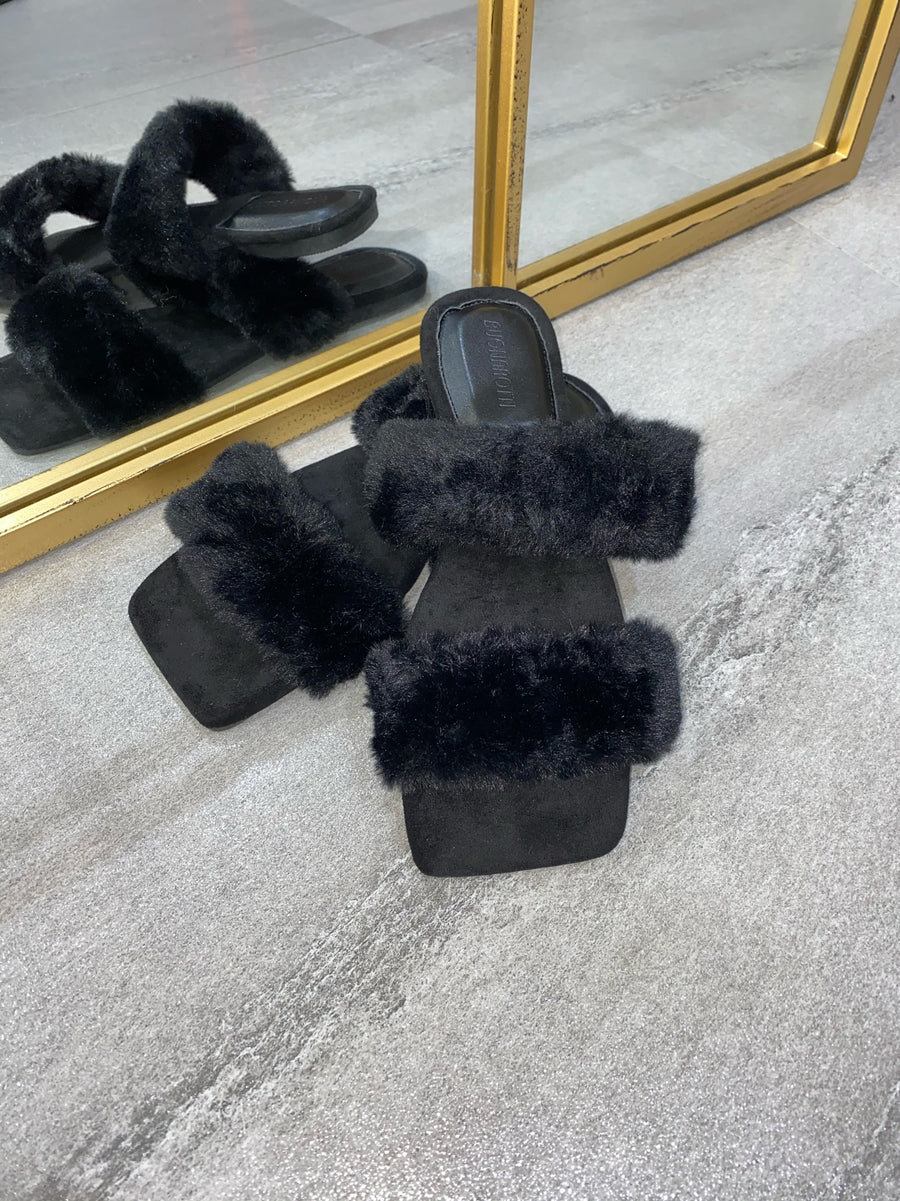 Issy Fluffy Double Strap Slippers - Black(SALE)