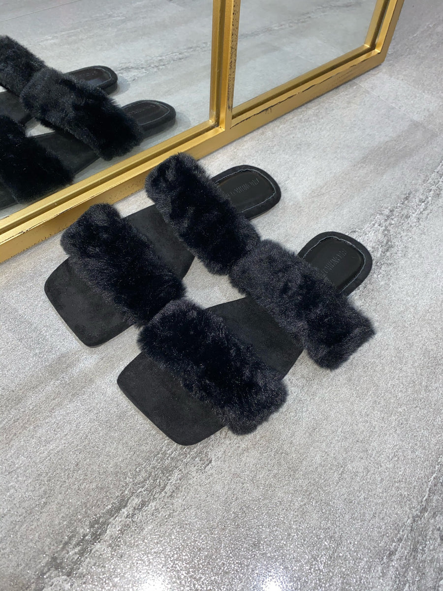 Issy Fluffy Double Strap Slippers - Black(SALE)