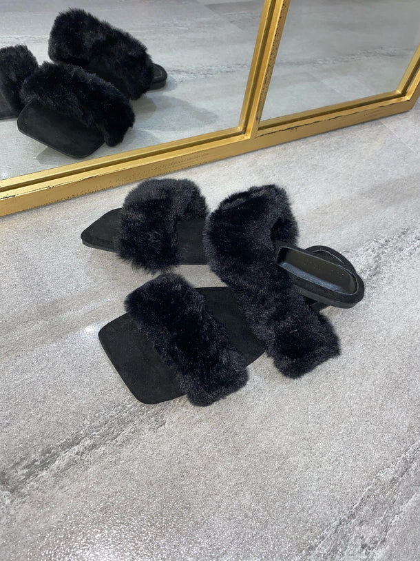 Issy Fluffy Double Strap Slippers - Black(SALE)