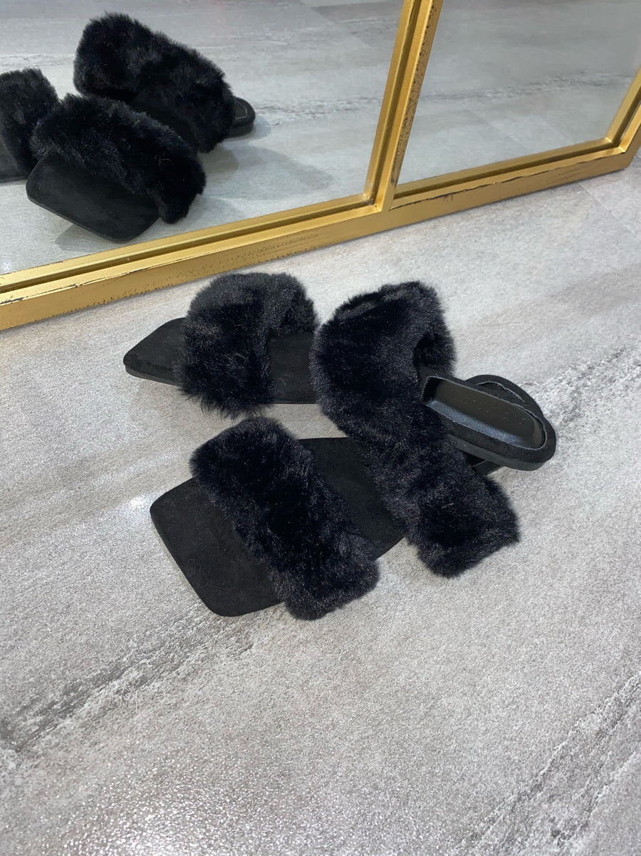 Issy Fluffy Double Strap Slippers - Black(SALE)