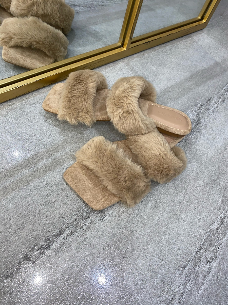 Issy Fluffy Double Strap Slippers - Nude(SALE)