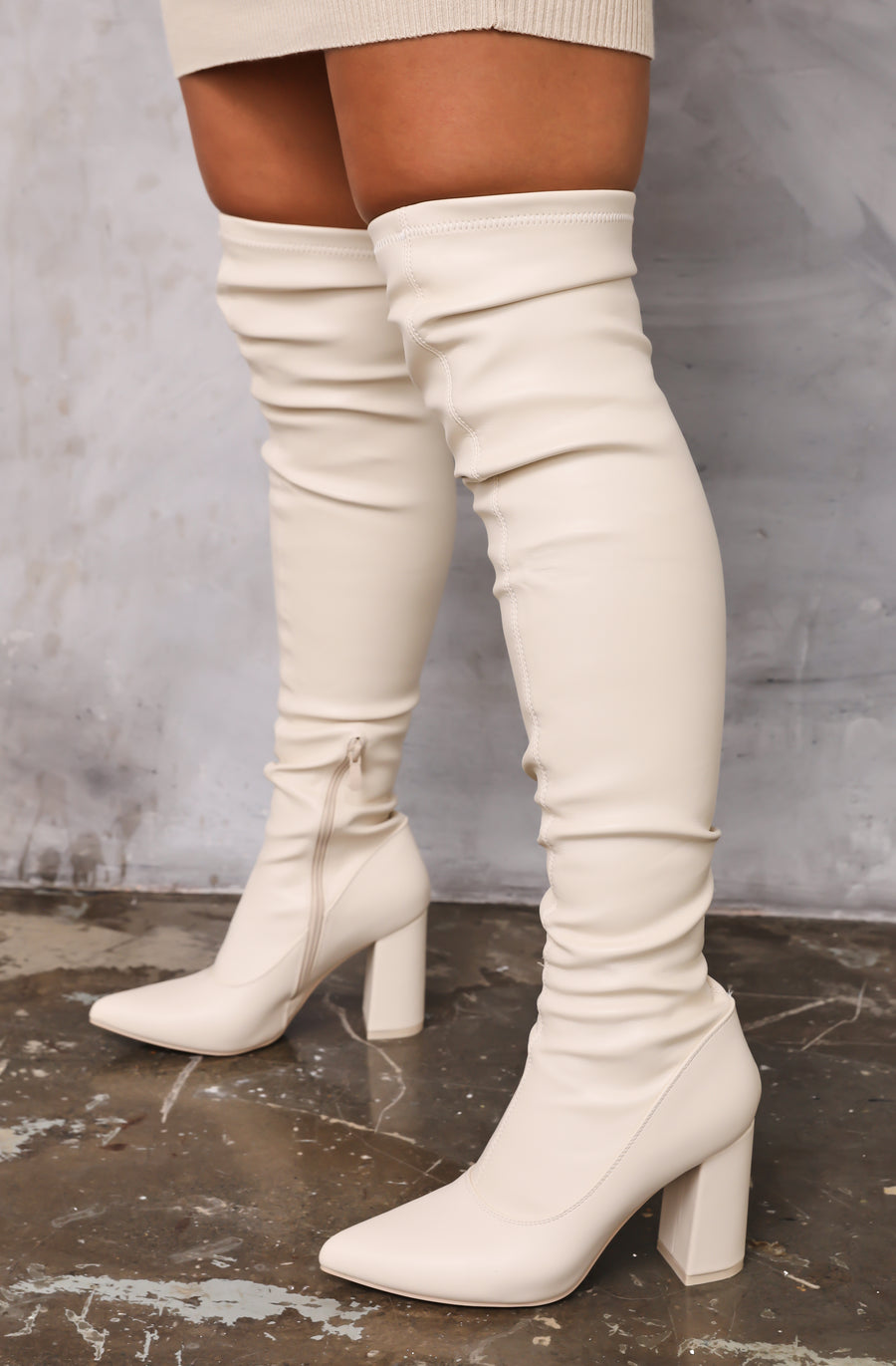 Heeled Knee High Boots - Cream