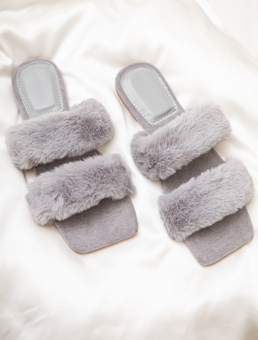 Issy Fluffy Double Strap Slippers - Grey(SALE)
